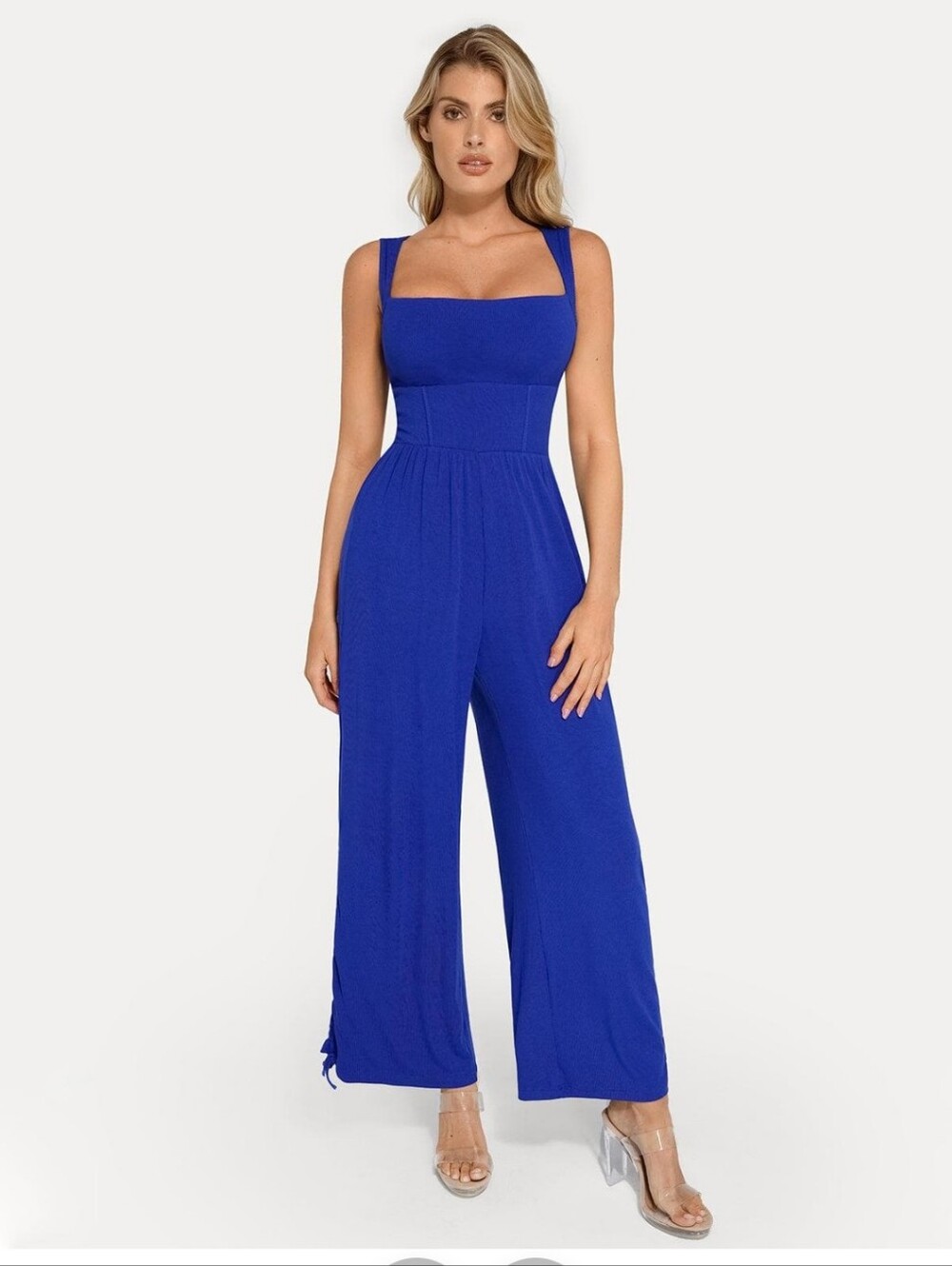 Nwt Popilush Tummy Control Wide-Leg Square Neck Jumpsuit In Royal Blue